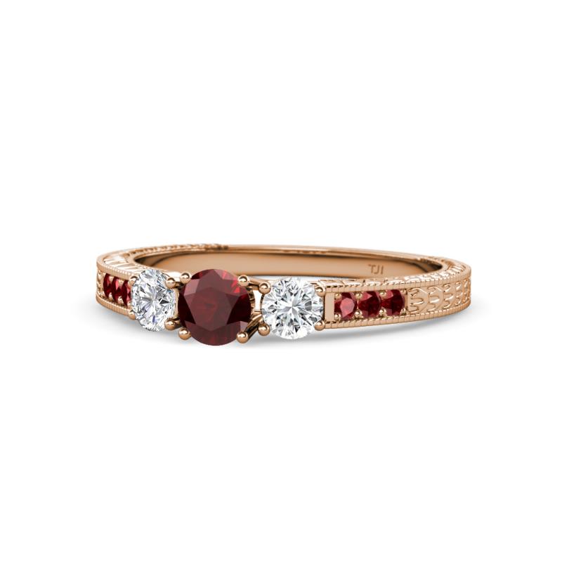 Ayaka Red Garnet and Diamond Three Stone with Side Red Garnet Ring 