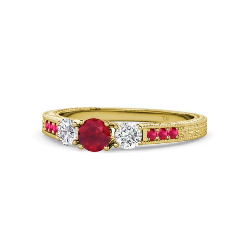 Ayaka Ruby and Diamond Three Stone with Side Ruby Ring 