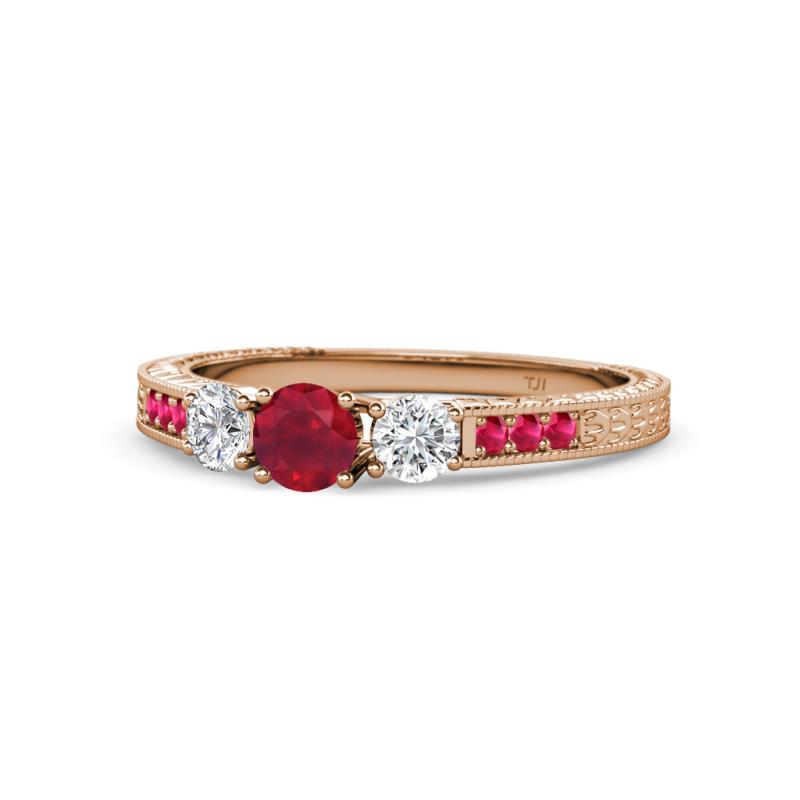 Ayaka Ruby and Diamond Three Stone with Side Ruby Ring 