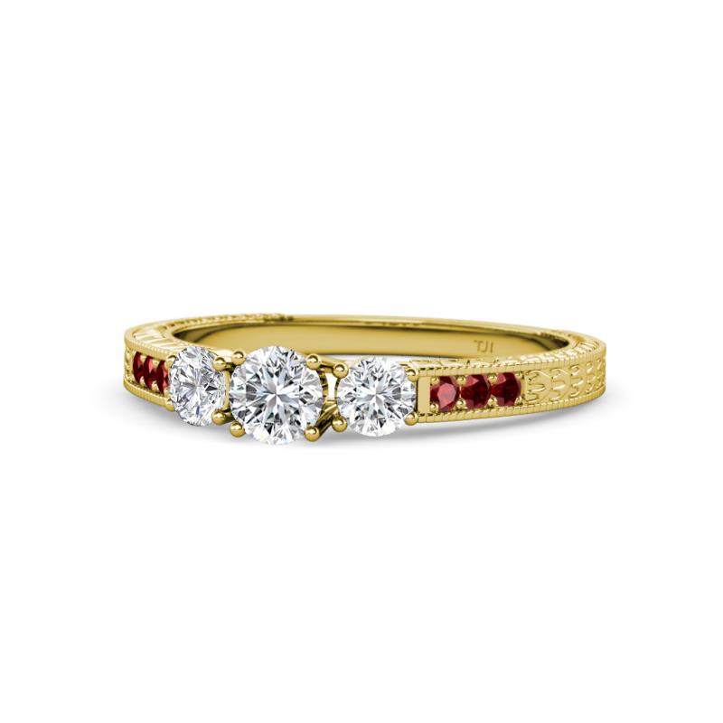 Ayaka Diamond Three Stone with Side Red Garnet Ring 