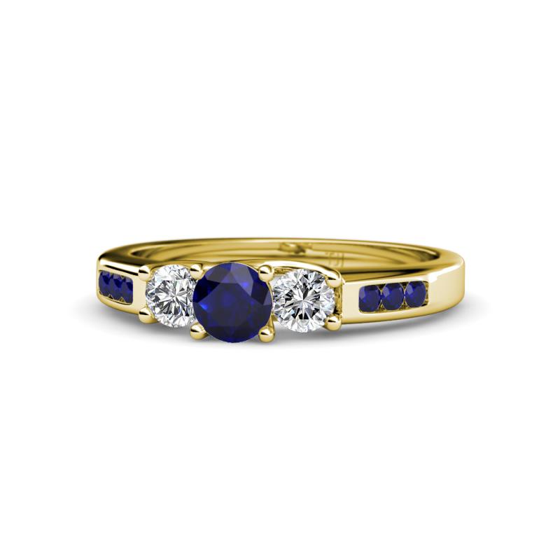 Jamille Blue Sapphire and Diamond Three Stone with Side Blue Sapphire Ring 