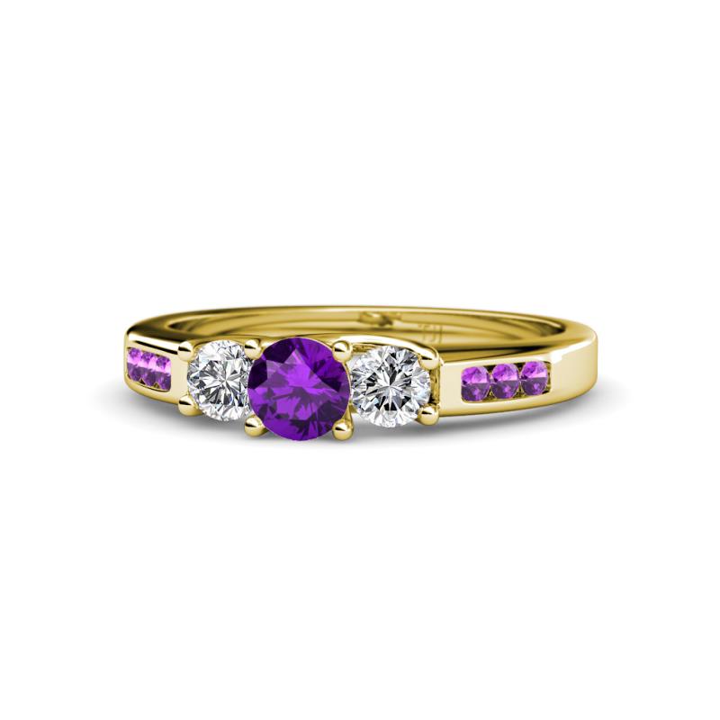 Jamille Amethyst and Diamond Three Stone with Side Amethyst Ring 