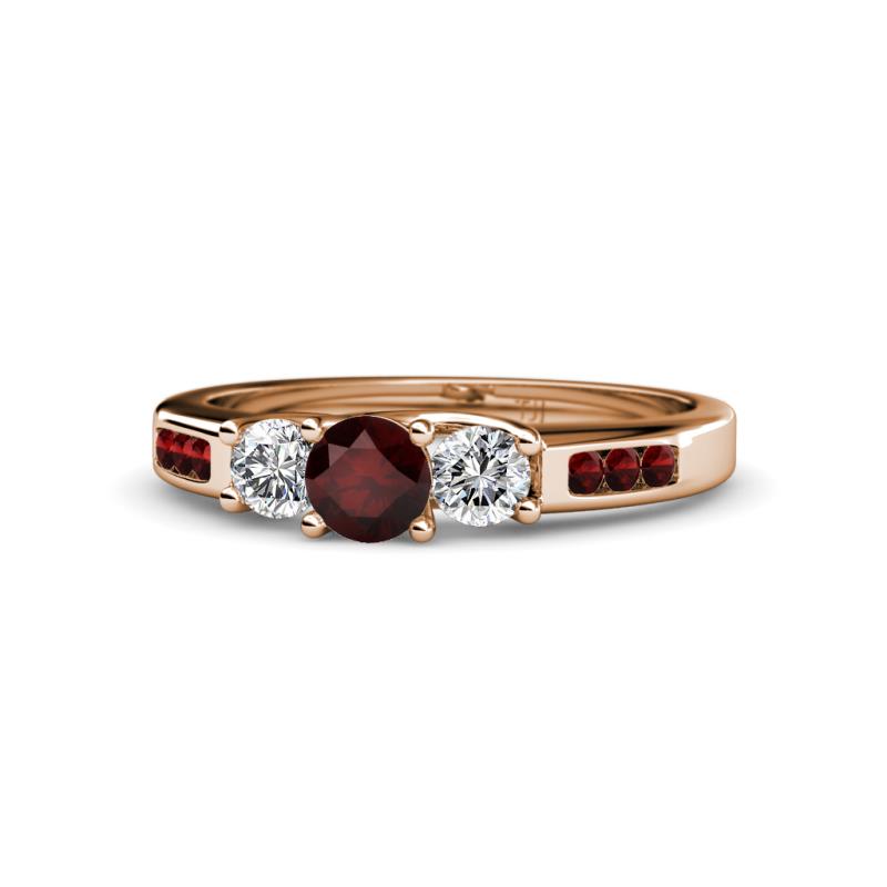 Jamille Red Garnet and Diamond Three Stone with Side Red Garnet Ring 
