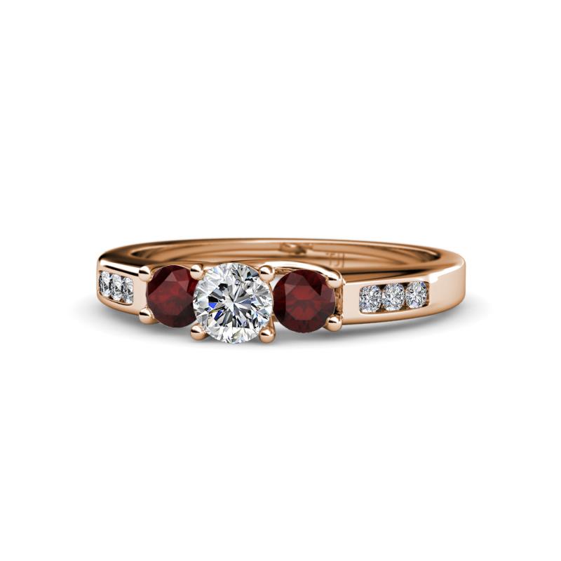 Jamille Diamond and Red Garnet Three Stone Engagement Ring 