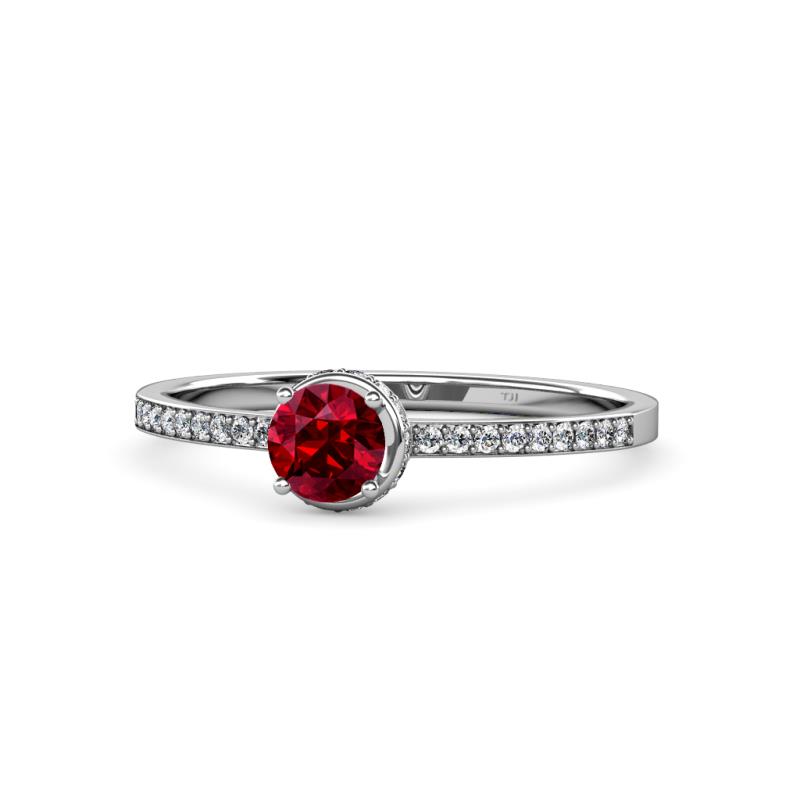 Irene Ruby and Diamond Halo Engagement Ring 