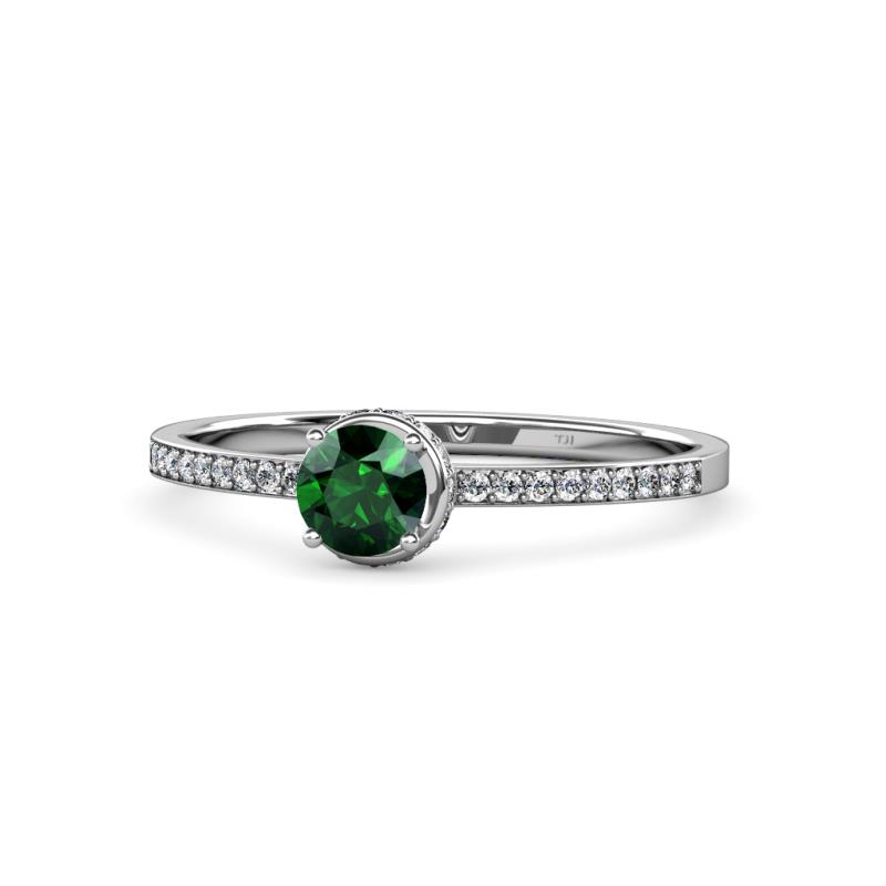 Irene Emerald and Diamond Halo Engagement Ring 