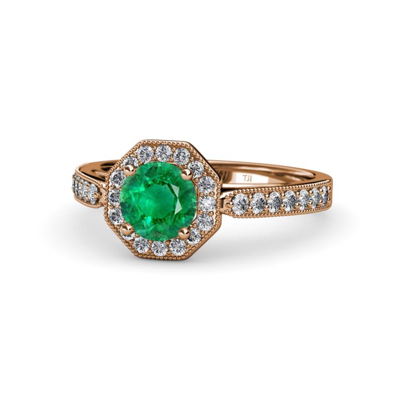 Aura Emerald and Diamond Halo Engagement Ring - Emerald and Diamond Womens Halo Engagement Ring with Milgrain Work 1.00 ctw 14K Rose Gold