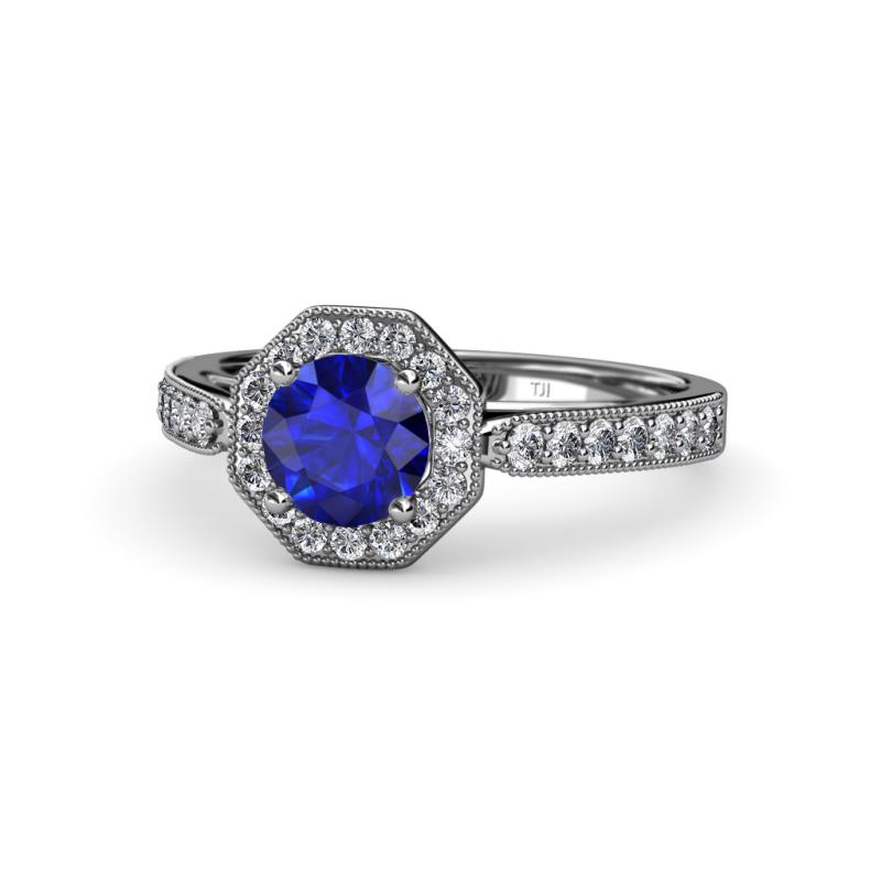 Aura Blue Sapphire and Diamond Halo Engagement Ring 