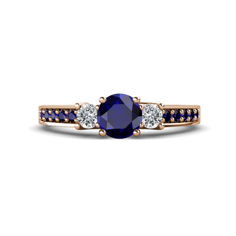 Valene Blue Sapphire and Diamond Three Stone with Side Blue Sapphire Ring 