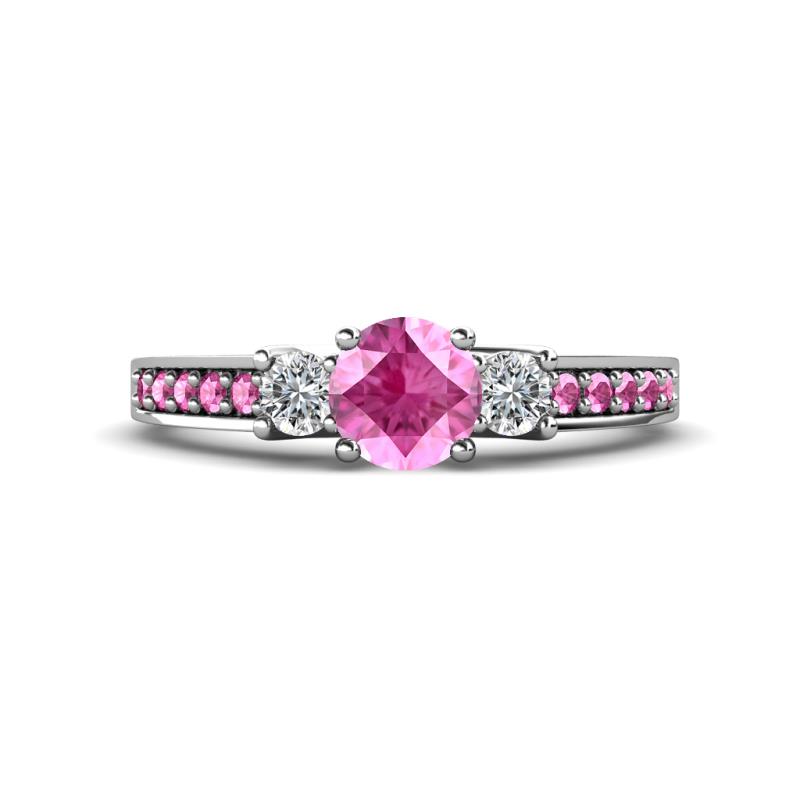 Valene Pink Sapphire and Diamond Three Stone with Side Pink Sapphire Ring 