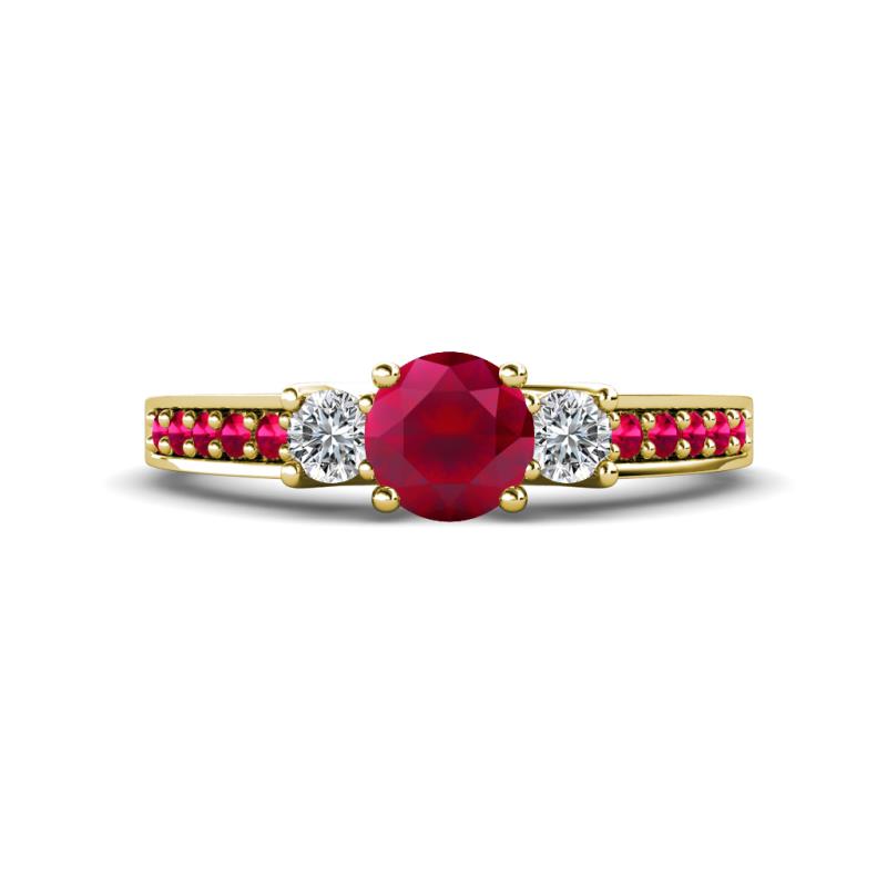 Valene Ruby and Diamond Three Stone with Side Ruby Ring 