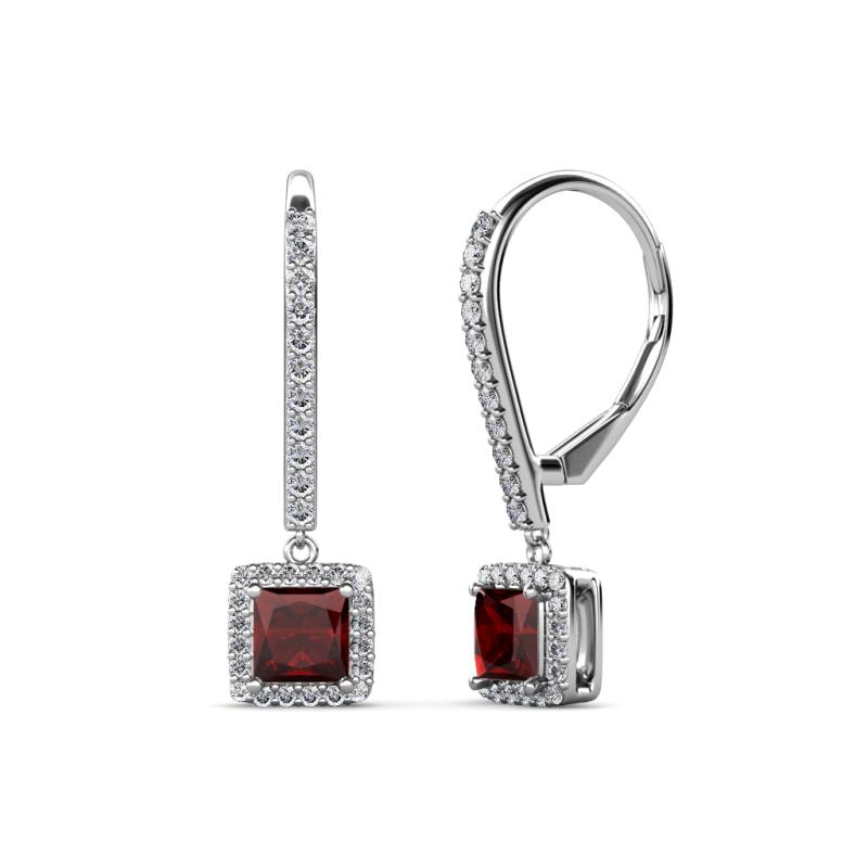 Freda Red Garnet and Diamond Halo Dangling Earrings 