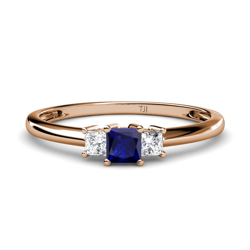 Eadlin Princess Cut Blue Sapphire and Diamond Three Stone Engagement Ring 