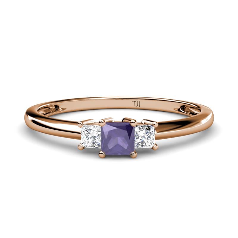 Eadlin Princess Cut Iolite and Diamond Three Stone Engagement Ring 