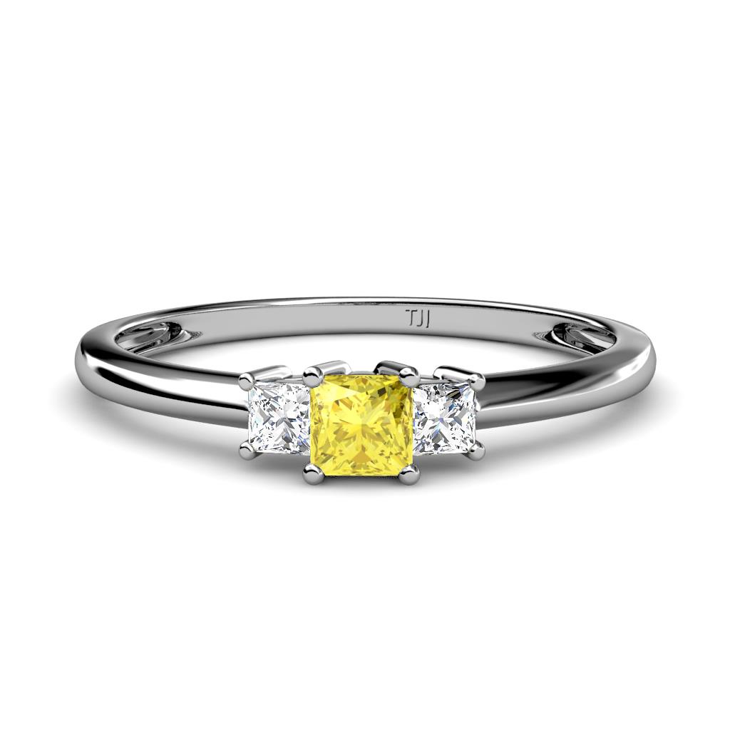 Eadlin Princess Cut Yellow Sapphire and Diamond Three Stone Engagement Ring 