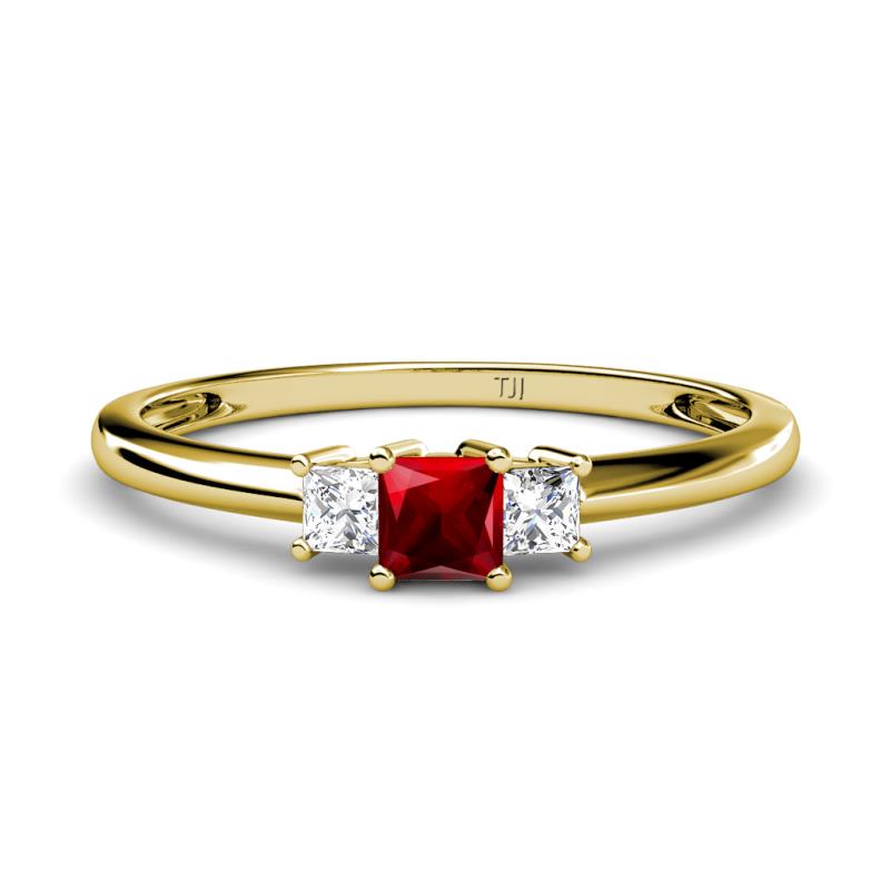 Eadlin Princess Cut Ruby and Diamond Three Stone Engagement Ring 
