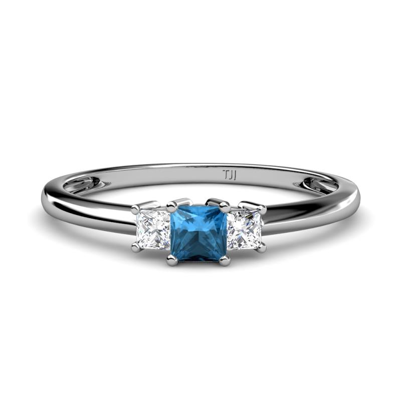Eadlin Princess Cut Blue Topaz and Diamond Three Stone Engagement Ring 