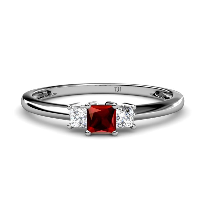 Eadlin Princess Cut Red Garnet and Diamond Three Stone Engagement Ring 