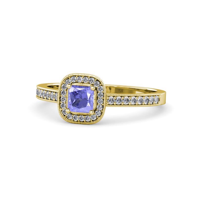 Aellai Princess Cut Tanzanite and Diamond Halo Engagement Ring 