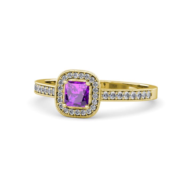 Aellai Princess Cut Amethyst and Diamond Halo Engagement Ring 