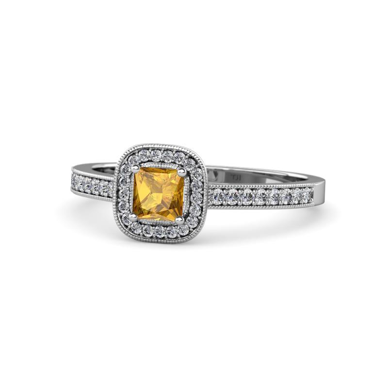 Aellai Princess Cut Citrine and Diamond Halo Engagement Ring 