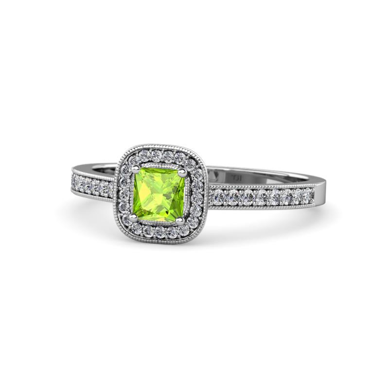 Aellai Princess Cut Peridot and Diamond Halo Engagement Ring 