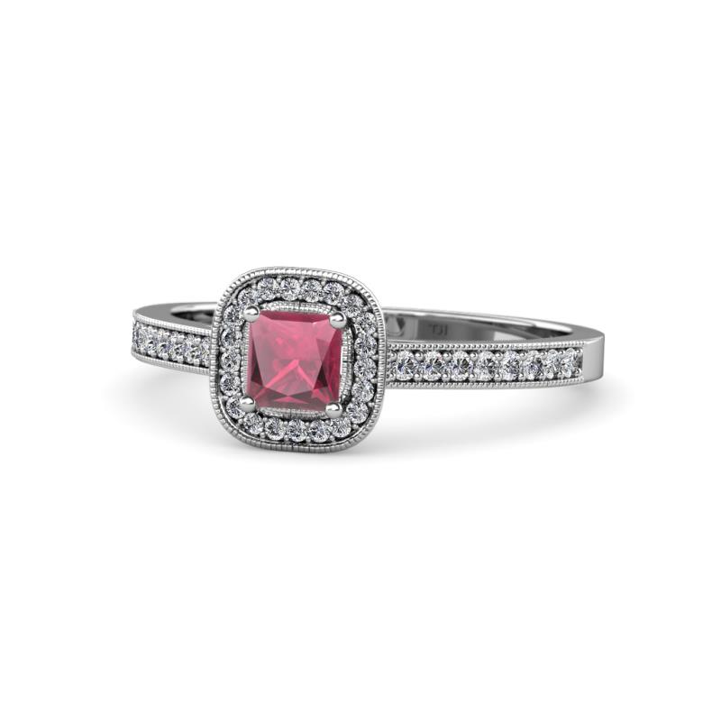 Aellai Princess Cut Rhodolite Garnet and Diamond Halo Engagement Ring 