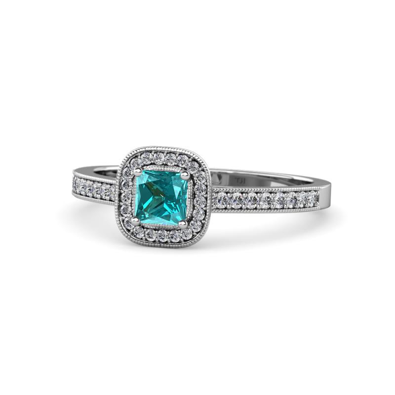 Aellai Princess Cut London Blue Topaz and Diamond Halo Engagement Ring 