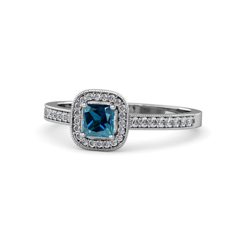 Aellai Princess Cut Blue and White Diamond Halo Engagement Ring 