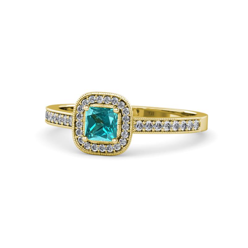 Aellai Princess Cut London Blue Topaz and Diamond Halo Engagement Ring 