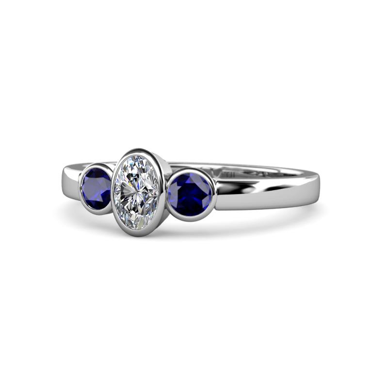 Caron 0.70 ctw Natural GIA Certified Diamond Oval Shape (6x4 mm) and Side Blue Sapphire Three Stone Ring  