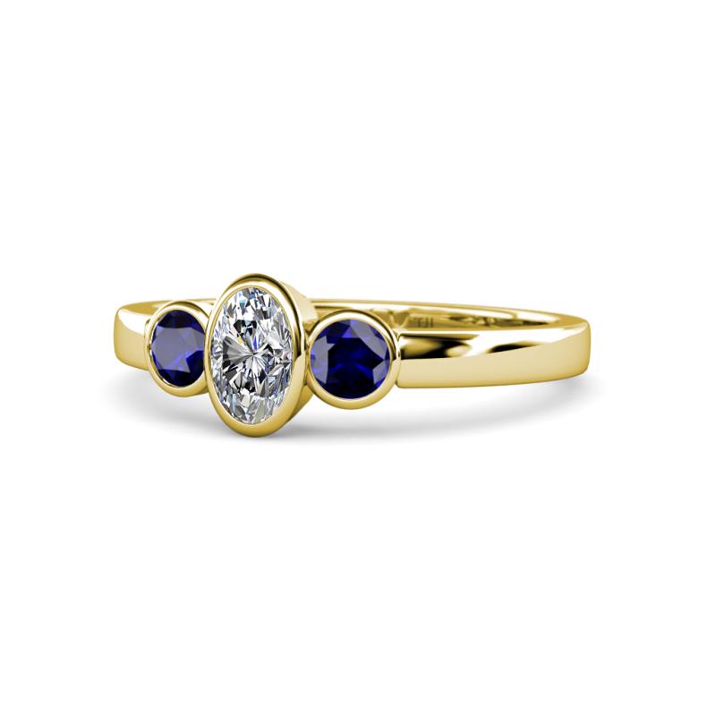 Caron 0.70 ctw Natural GIA Certified Diamond Oval Shape (6x4 mm) and Side Blue Sapphire Three Stone Ring  