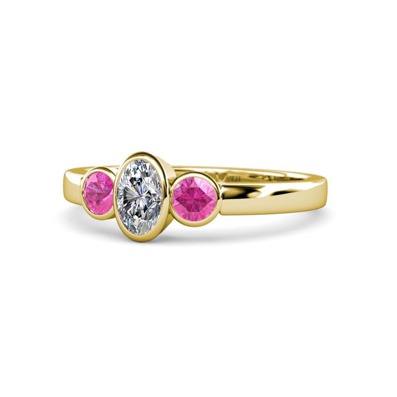 Caron 0.72 ctw Natural GIA Certified Diamond Oval Shape (6x4 mm) and Side Pink Sapphire Three Stone Ring  