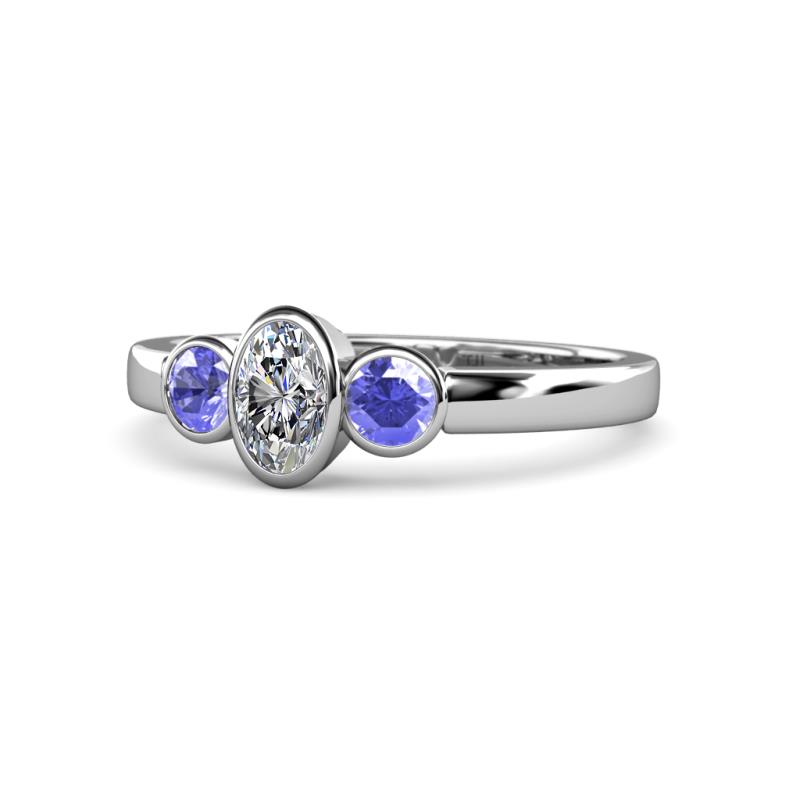 Caron 0.70 ctw Natural GIA Certified Diamond Oval Shape (6x4 mm) and Side Tanzanite Three Stone Ring  
