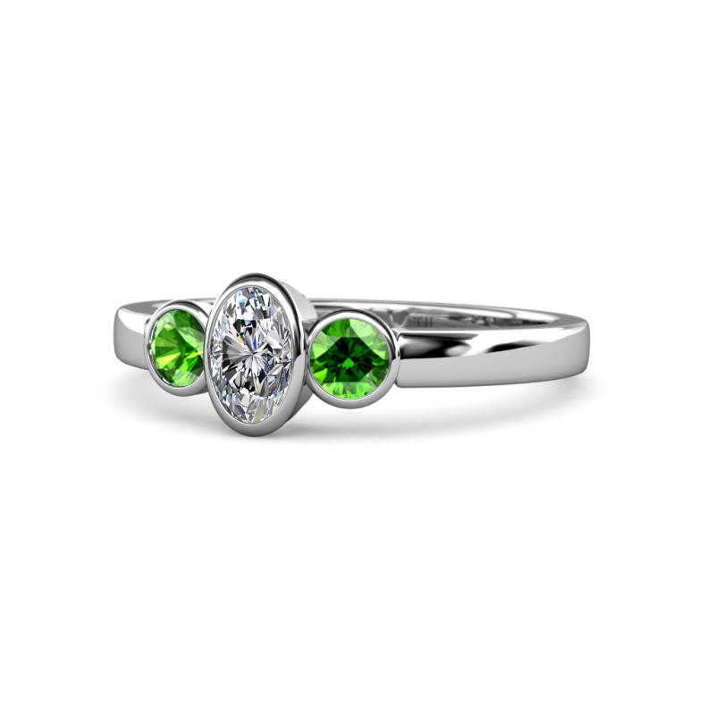 Caron 0.74 ctw Natural GIA Certified Diamond Oval Shape (6x4 mm) and Side Green Garnet Three Stone Ring  