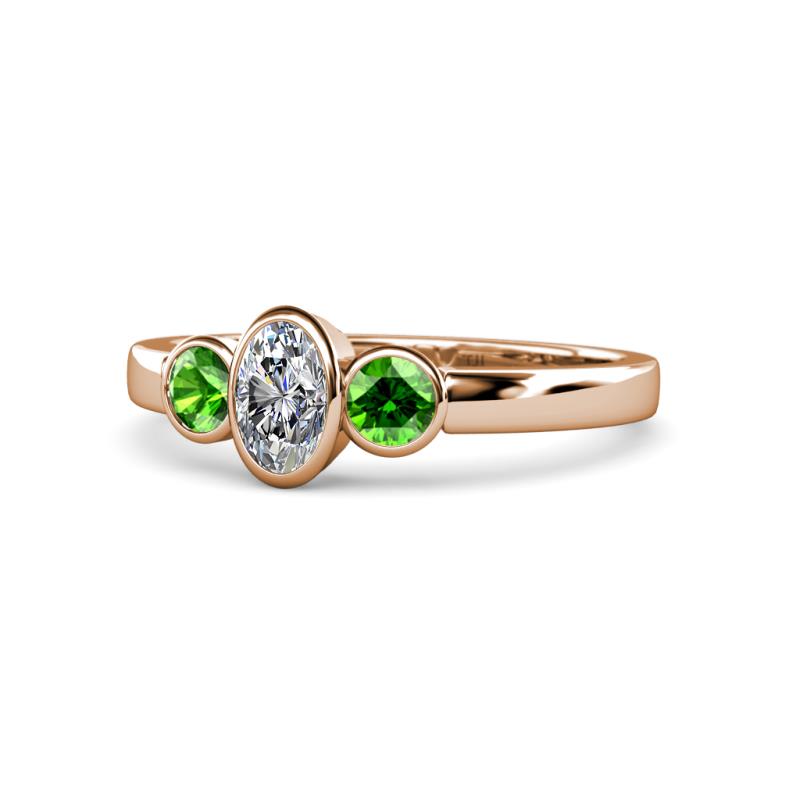 Caron 0.74 ctw Natural GIA Certified Diamond Oval Shape (6x4 mm) and Side Green Garnet Three Stone Ring  