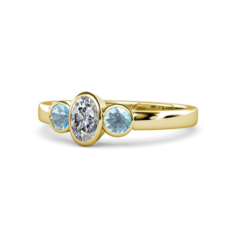 Caron 0.68 ctw Natural GIA Certified Diamond Oval Shape (6x4 mm) and Side Aquamarine Three Stone Ring  
