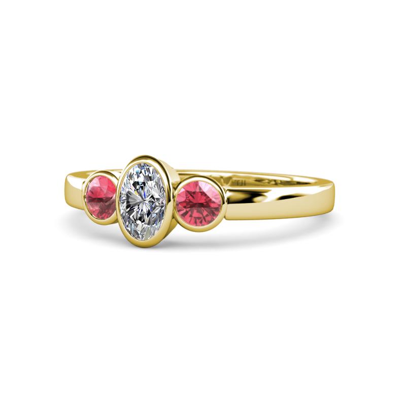 Caron 0.70 ctw Natural GIA Certified Diamond Oval Shape (6x4 mm) and Side Pink Tourmaline Three Stone Ring  