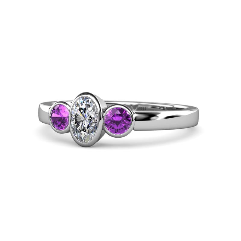 Caron 0.68 ctw Natural GIA Certified Diamond Oval Shape (6x4 mm) and Side Amethyst Three Stone Ring  