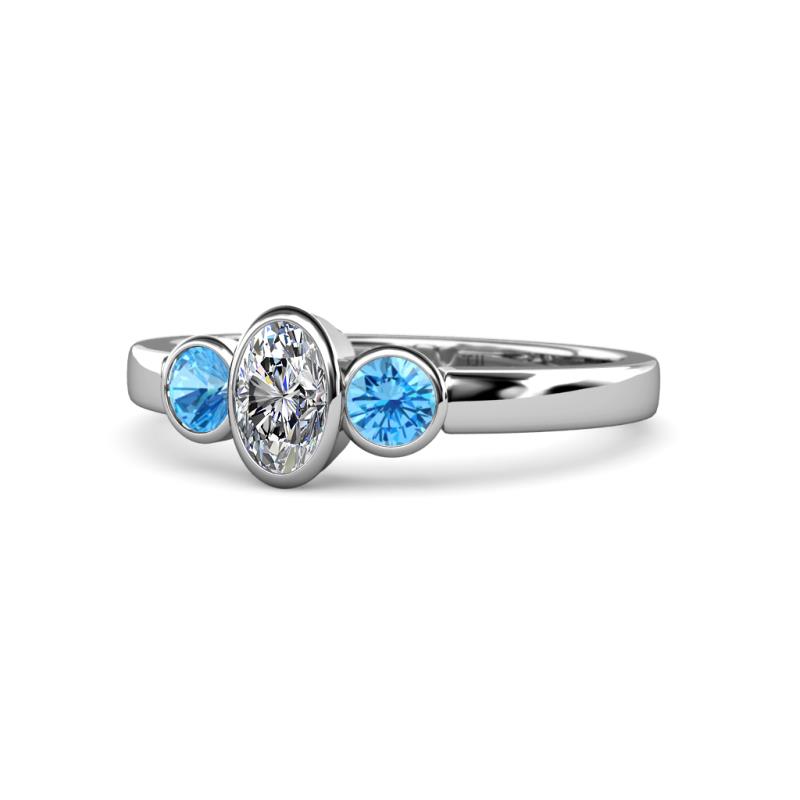 Caron 0.68 ctw Natural GIA Certified Diamond Oval Shape (6x4 mm) and Side Blue Topaz Three Stone Ring  