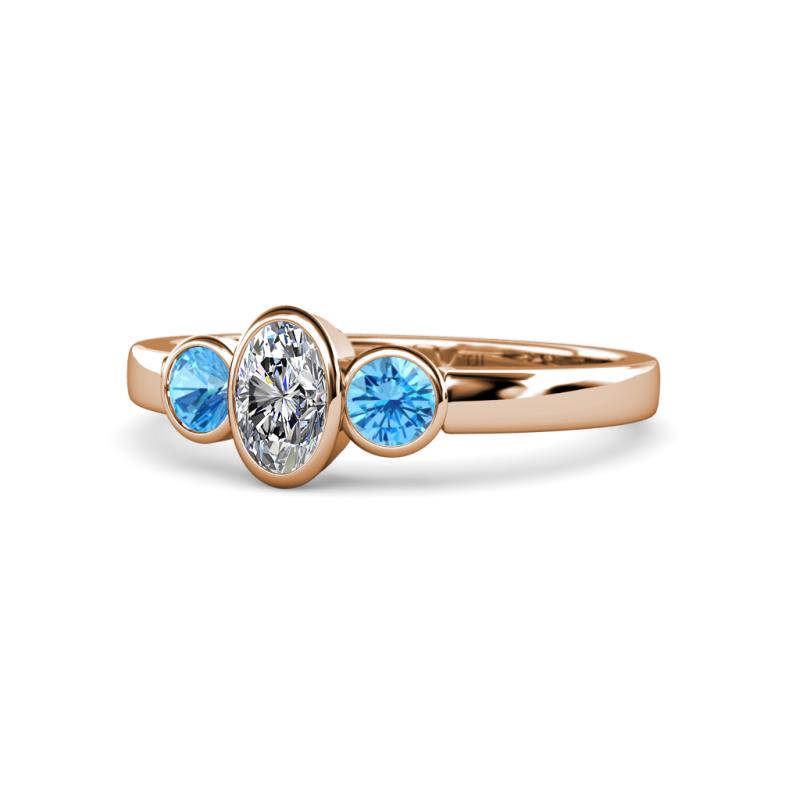 Caron 0.68 ctw Natural GIA Certified Diamond Oval Shape (6x4 mm) and Side Blue Topaz Three Stone Ring  
