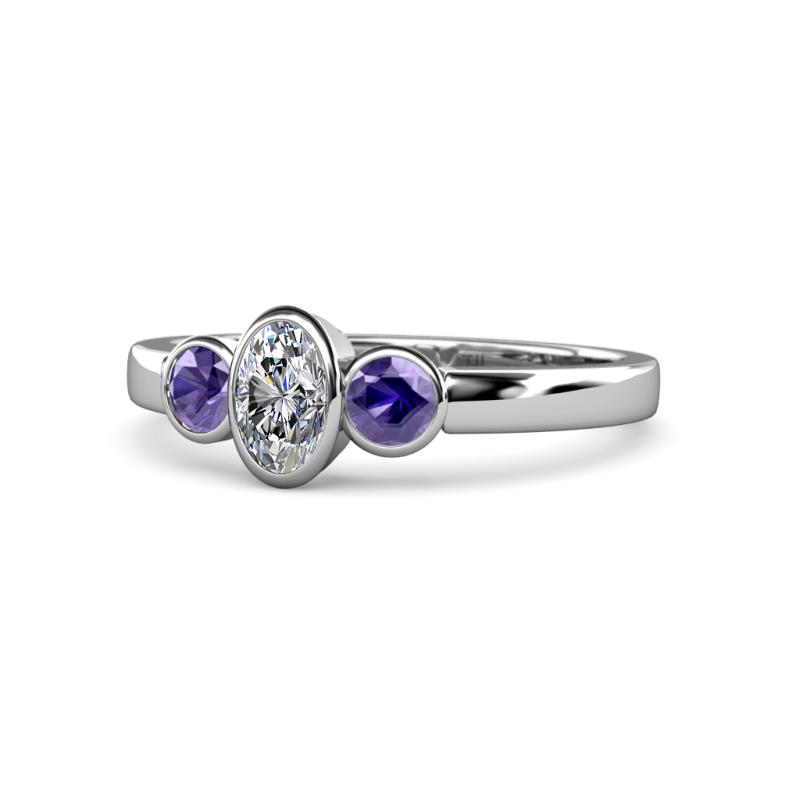 Caron 0.68 ctw Natural GIA Certified Diamond Oval Shape (6x4 mm) and Side Iolite Three Stone Ring  