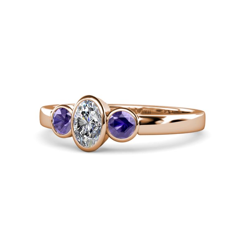 Caron 0.68 ctw Natural GIA Certified Diamond Oval Shape (6x4 mm) and Side Iolite Three Stone Ring  