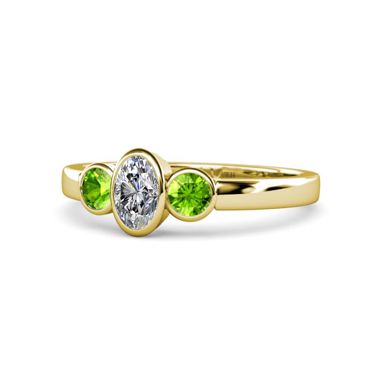 Caron 0.74 ctw Natural GIA Certified Diamond Oval Shape (6x4 mm) and Side Peridot Three Stone Ring  