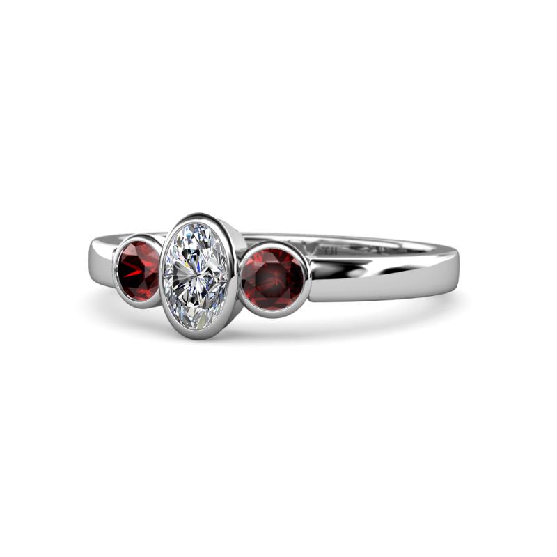 Caron 0.74 ctw Natural GIA Certified Diamond Oval Shape (6x4 mm) and Side Red Garnet Three Stone Ring  