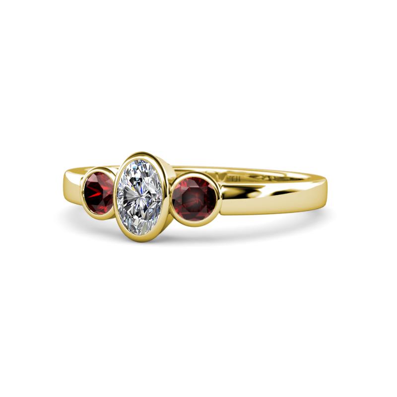 Caron 0.74 ctw Natural GIA Certified Diamond Oval Shape (6x4 mm) and Side Red Garnet Three Stone Ring  