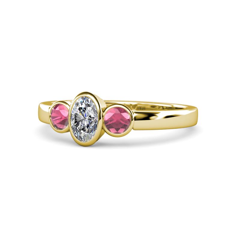 Caron 0.74 ctw Natural GIA Certified Diamond Oval Shape (6x4 mm) and Side Rhodolite Garnet Three Stone Ring  