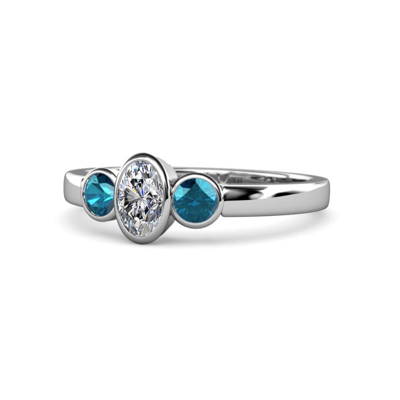 Caron 0.70 ctw Natural GIA Certified Diamond Oval Shape (6x4 mm) and Side Blue Diamond Three Stone Ring  