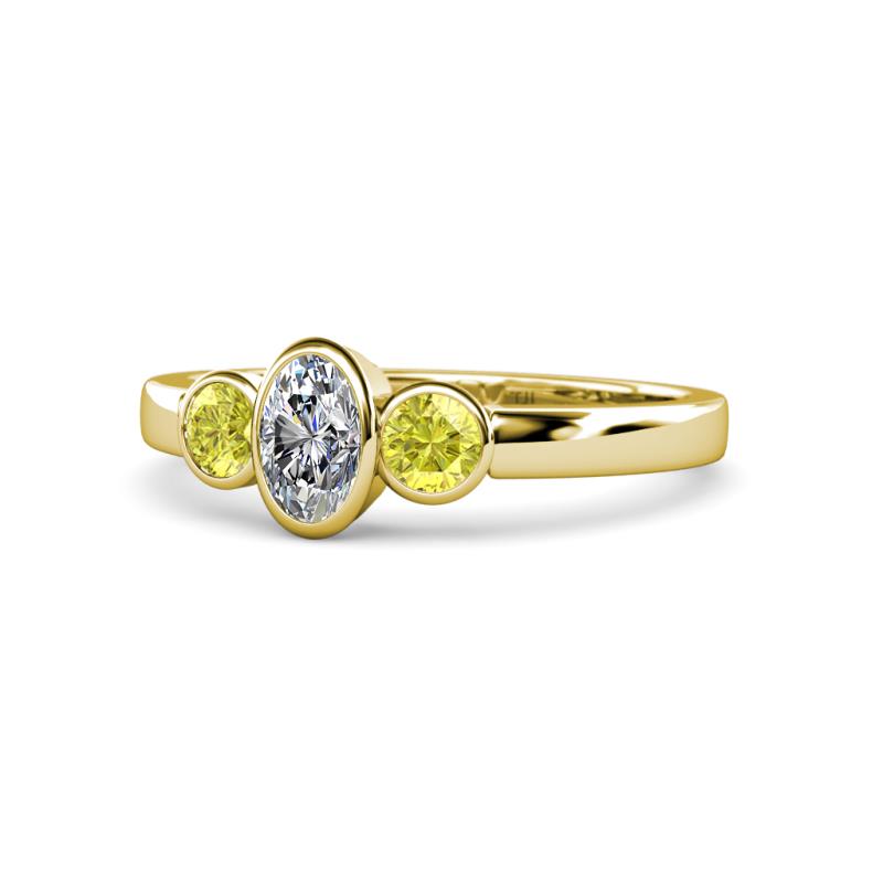 Caron 0.70 ctw Natural GIA Certified Diamond Oval Shape (6x4 mm) and Side Yellow Diamond Three Stone Ring  