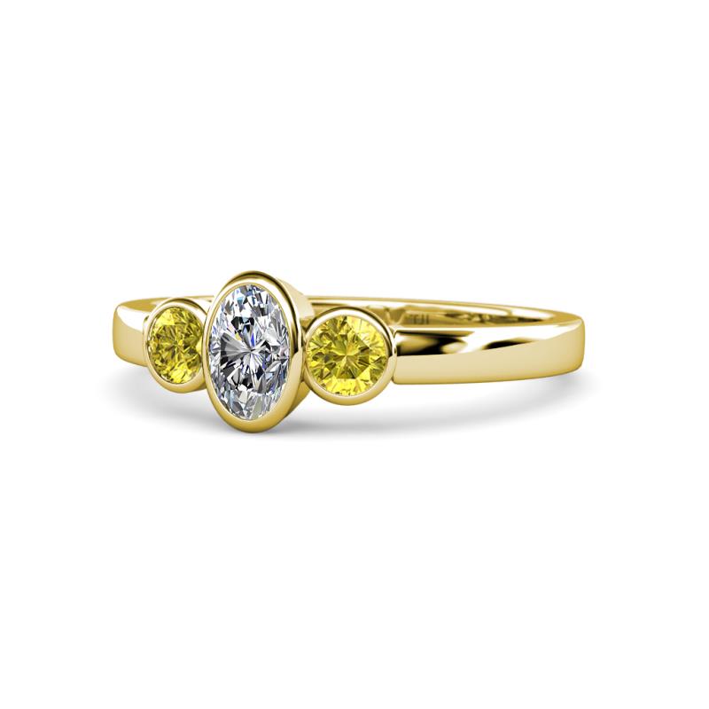 Caron 0.72 ctw Natural GIA Certified Diamond Oval Shape (6x4 mm) and Side Yellow Sapphire Three Stone Ring  